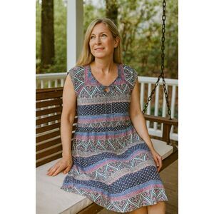 Matilda Jane Dress XL Blue Pink Print V Neck Cap Sleeve Cottagecore Prairiecore*